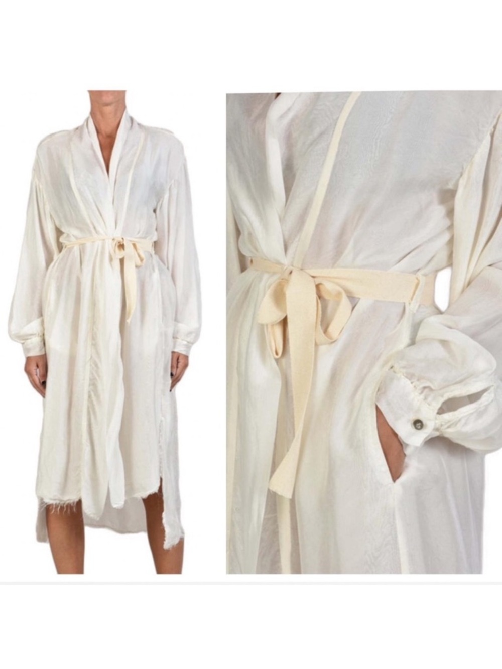 Sanctamuerte Silk Blend Tie Waist Robe, Butter Cream, Victorian Whimsygoth